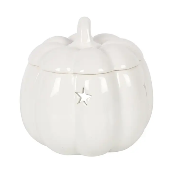 Deko Herbst Duftlampe für Teelicht aus Keramik Kürbis mit Deckel weiß 10 cm